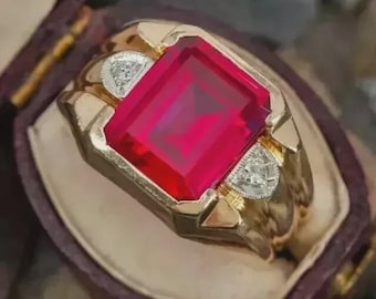 Emerald Cut Lab Grown Ruby Ring: Sterling Silver Moissanite Engagement