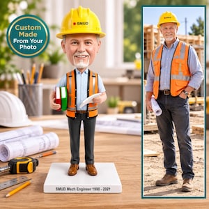 Puede incluir: Una figura bobblehead personalizada de una persona con casco amarillo con el texto SMUD, camisa azul claro y chaleco de seguridad naranja. La figura sostiene dos libros y un papel sobre una base blanca con la inscripción SMUD Mech Engineer 1990-2021.