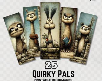 Quirky Animal Printable Bookmarks, Kidcore Nursery Style, Book Lovers, Fussy Cuts, Digital Download, Gift for Her, Book Journal Accessories
