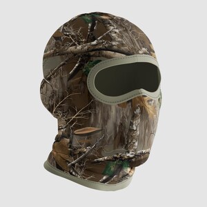 May include: A camouflage balaclava with a neutral-colored trim around the eye and mouth opening. The balaclava features a realistic forest pattern with brown, green, and tan hues, designed to blend with natural surroundings. The head covering is designed to cover the head and neck.