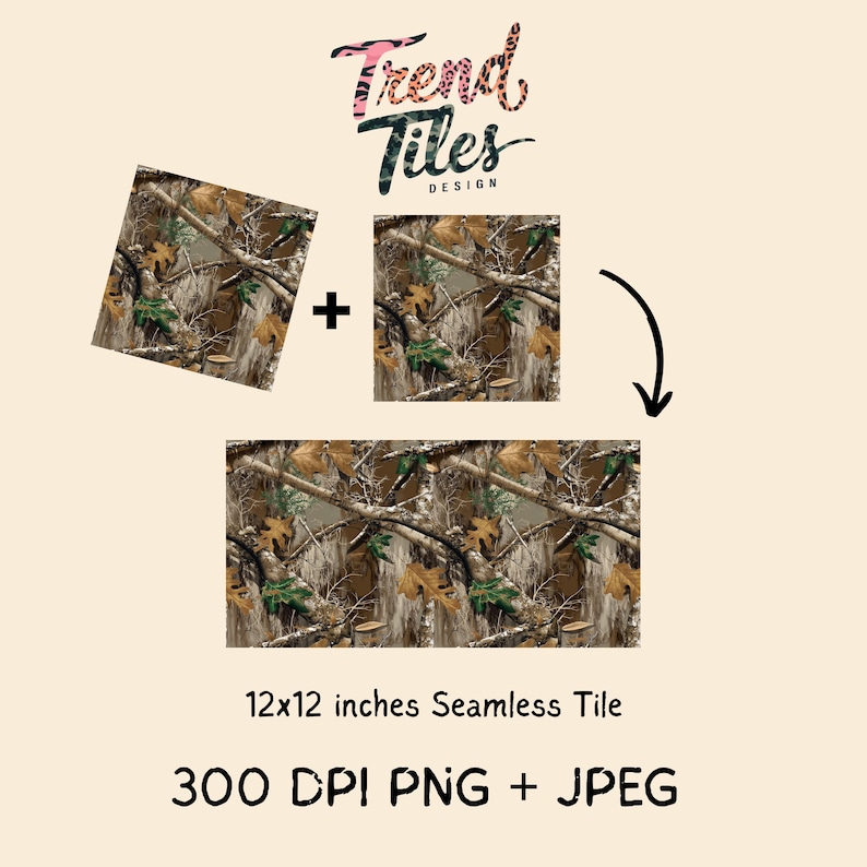 May include: The image showcases a seamless tile design with a camouflage pattern, featuring a blend of brown, green, and tan hues. The text "Trend Tiles Design" is displayed at the top. The tile measures 12x12 inches and is available in PNG and JPEG formats.