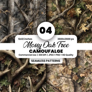 Könnte beinhalten: Vier nahtlose Muster mit einem Mossy Oak Tree Camouflage-Design. Die Muster enthalten Bilder von Baumrinde, Ästen und Blättern in Braun-, Grün- und Grautönen. Der Text "04", "12x12 inches", "3600x3600 px", "CAMOUFALGE" und "SEAMLESS PATTERNS" ist enthalten.