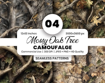 Patrón sin costuras de camuflaje de roble musgoso, diseño de caza (descarga digital JPEG y PNG), diseño de corteza de árbol de bosque en mosaico, diseño de ropa Y2K