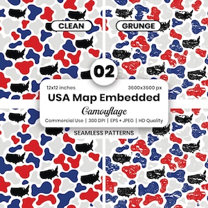 USA-kartakamouflage sömlösa mönster | Patriotiskt rent och grungeigt jaktkamouflage i gammaldags stil i EPS JPG digitalt papper | 300 dpi cmyk