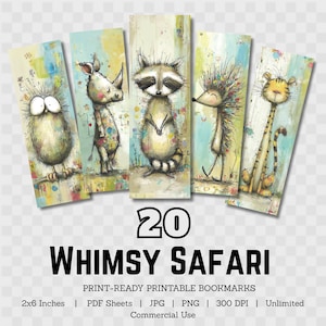 May include: Set of five whimsical safari animal bookmarks. Each bookmark features a different animal: an owl, rhino, raccoon, hedgehog, and tiger. The bookmarks are 2x6 inches and include the text "20 WHIMSY SAFARI PRINT-READY PRINTABLE BOOKMARKS".