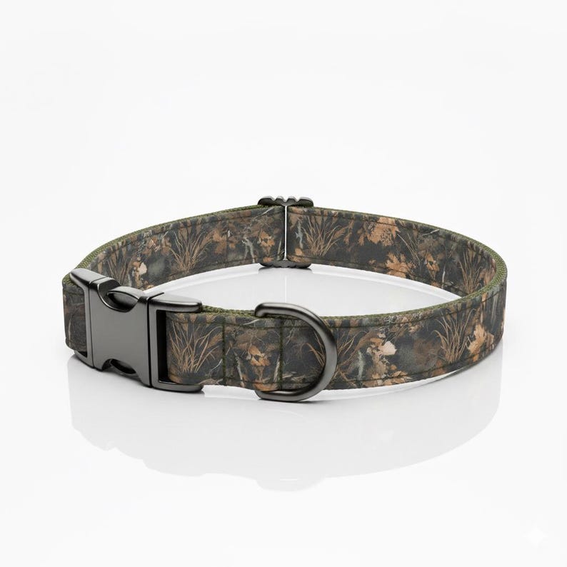 May include: Camouflage dog collar with a black metal buckle and D-ring. The collar features a pattern of brown, green, and tan leaves and foliage. The collar is designed for medium to large dogs.