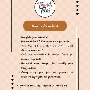 May include: A beige graphic with the "Trend Tiles Design" logo and instructions on how to download files after purchase. The instructions include steps for downloading from Google Drive.