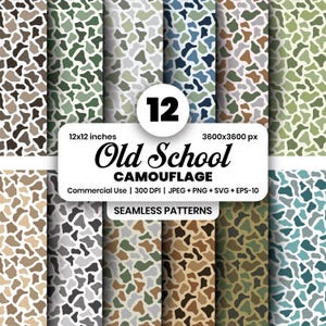 May include: A collection of 12 seamless camouflage patterns in various color palettes including brown, green, blue, and grey. The image features the text 12 Old School CAMOUFLAGE, 12x12 inches, 3600x3600 px, Commercial Use, 300 DPI, JPEG+PNG+SVG+EPS-10.