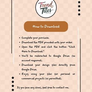 Puede incluir: Gr&aacute;fico beige con el texto "Trend Tiles DESIGN" en un logotipo circular. Las instrucciones sobre c&oacute;mo descargar archivos se enumeran debajo del logotipo. El texto incluye los pasos para completar una compra y descargar archivos.