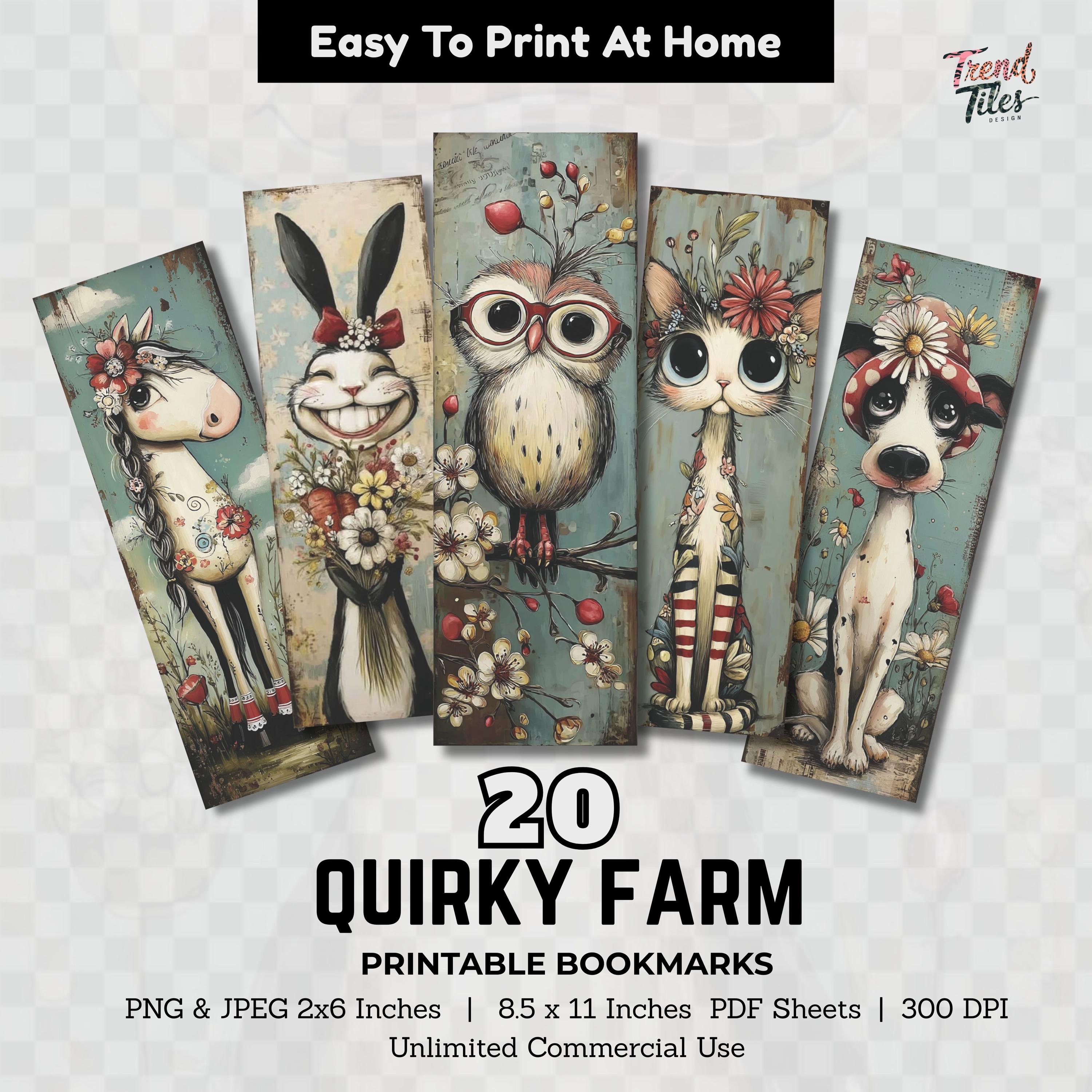 Quirky Farm Animal Printable Bookmarks Set | Whimsical Animal Bookmark ...