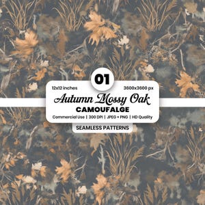 May include: Seamless pattern design featuring an autumn mossy oak camouflage. The design includes leaves and foliage in shades of brown, tan, and gray. The image includes the text "Autumn Mossy Oak" and "CAMOUFALGE". The pattern is 12x12 inches.