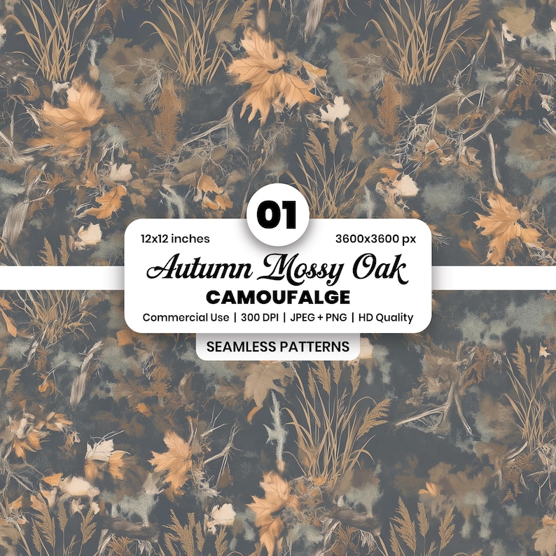 May include: Seamless pattern design featuring an autumn mossy oak camouflage. The design includes leaves and foliage in shades of brown, tan, and gray. The image includes the text "Autumn Mossy Oak" and "CAMOUFALGE". The pattern is 12x12 inches.