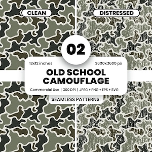 Peut inclure: Image numérique présentant quatre motifs de camouflage sans couture. Les motifs présentent un mélange de formes vertes, marron et grises. Le texte "OLD SCHOOL CAMOUFLAGE" et "12x12 inches" est inclus. Les motifs sont disponibles en styles propres et vieillis. La taille est de 30.48 x 30.48 cm.