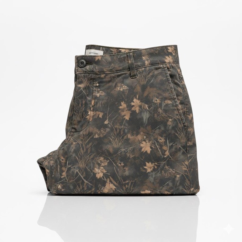 May include: Folded camouflage pants in shades of brown, green, and tan. The pants feature a button closure, pockets, and a subtle pattern of leaves and foliage. The fabric appears to be a durable material, suitable for outdoor activities.