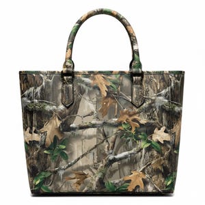May include: A rectangular tote bag with a camouflage pattern featuring brown, green, and tan hues. The bag has a curved handle and a structured design. The camouflage print includes leaves and branches.