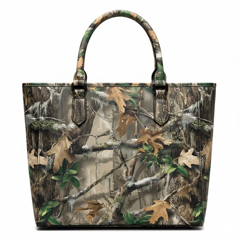 May include: A rectangular tote bag with a camouflage pattern featuring brown, green, and tan hues. The bag has a curved handle and a structured design. The camouflage print includes leaves and branches.
