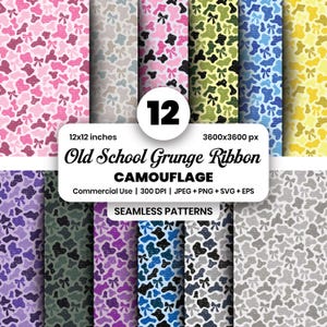 Distressed Pink Ribbon Camo Seamless Patterns | 12 Grunge Girly Old School Hunting Camo Digital Paper | Bow Vector Svg PNG JPG EPS | 300 dpi