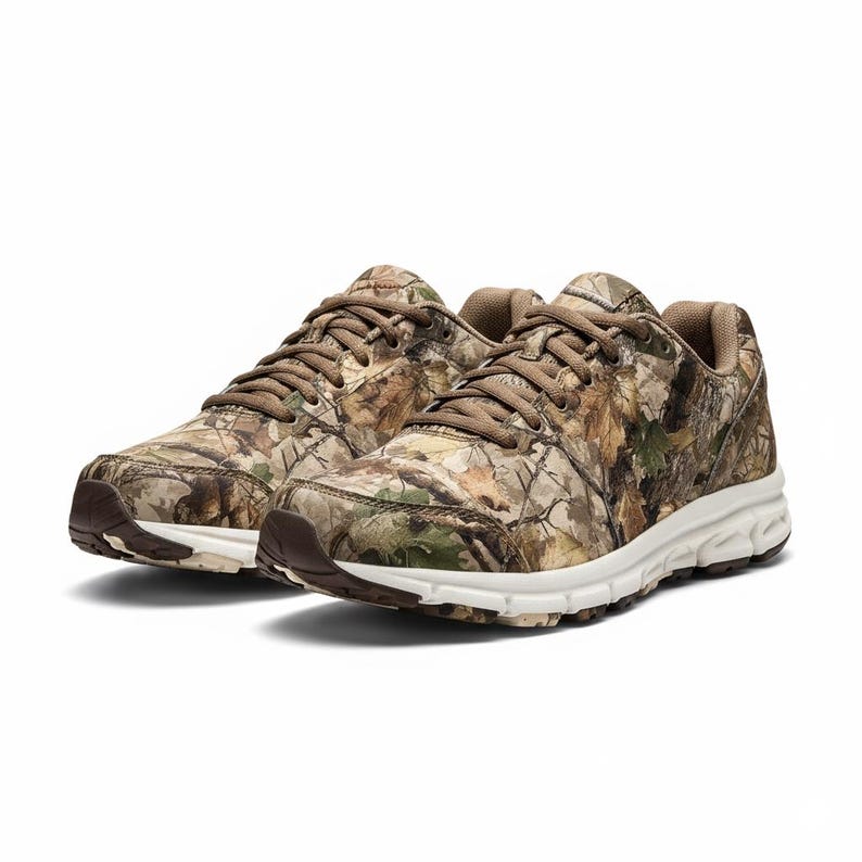 Puede incluir: Zapatillas de camuflaje con cordones y detalles marrones. Las zapatillas tienen una suela blanca y un estampado marr&oacute;n, verde y beige, que simula un bosque. Dise&ntilde;adas para actividades al aire libre.