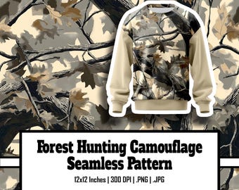 May include: A sweatshirt with a forest camouflage design, featuring beige sleeves and a crew neck. The pattern includes branches and leaves. The text reads "Forest Hunting Camouflage Seamless Pattern".