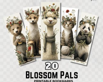 Blossom Pals Printable Bookmarks Cute Floral Animal Bookmark Set for Kids PNG JPG PDF 20 Designs Gift