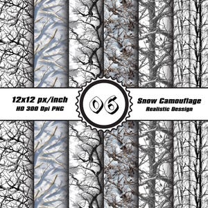 May include: Digital paper pack with snow camouflage patterns. The designs show bare tree branches against a snowy background. The pack includes multiple patterns with a resolution of 12x12 px/inch and HD 300 Dpi PNG format. The number "06" is in a circular emblem.