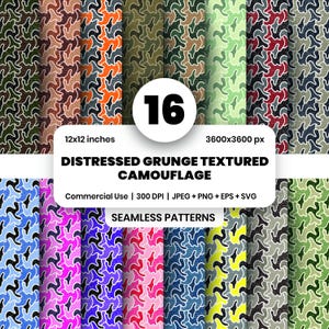 May include: A collection of 16 seamless camouflage patterns in various colors, including green, brown, blue, and pink. The patterns are distressed and grunge textured. The image includes the text "DISTRESSED GRUNGE TEXTURED CAMOUFLAGE" and "SEAMLESS PATTERNS".