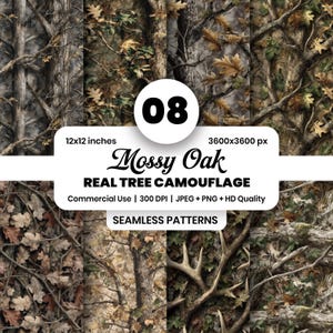 May include: Eight seamless patterns showcasing a realistic tree camouflage design. The patterns feature tree bark, branches, and leaves in brown, green, and grey hues. The image includes the text "Mossy Oak REAL TREE CAMOUFLAGE" and the dimensions 30.48 x 30.48 cm.