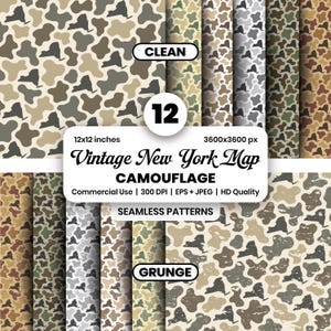 Può includere: Una collezione digitale di 12 motivi senza cuciture con un design mimetico integrato con la forma dello stato di New York. Il set include texture pulite e grunge in varie tavolozze di colori, con dimensioni di 30,48x30,48 cm.