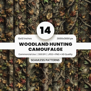 Op de afbeelding: Een verzameling van 14 naadloze woodland jacht camouflage patronen. De patronen tonen een mix van bruine, groene en bruine kleuren met bladeren en boomschors. De afbeelding bevat de tekst "WOODLAND HUNTING CAMOUFLAGE" en "12x12 inches" (ongeveer 30x30 cm).