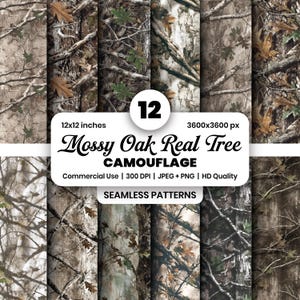 Puede incluir: Una colección de 12 patrones digitales sin costuras con diseños de camuflaje Mossy Oak Real Tree. Cada patrón mide 30,48 x 30,48 cm a 3600x3600 píxeles y 300 DPI. Las imágenes muestran corteza de bosque realista, ramas y hojas de roble.