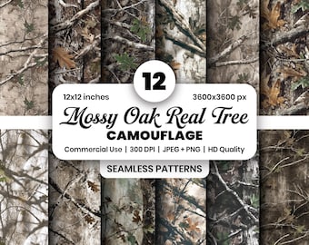 Mossy Oak Hunting シームレスペーパーバンドル PNG、ウッドランドデジタルペーパー、シームレスなリアルツリー迷彩パターン、葉の狩猟背景 JPG