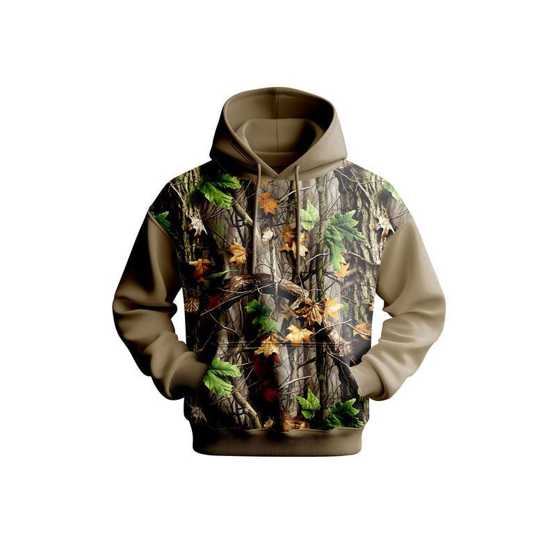 May include: A hooded sweatshirt with a camouflage pattern featuring brown, green, and tan colors. The sleeves and hood are solid tan. The front of the sweatshirt has a kangaroo pocket.