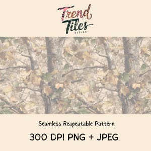 May include: A seamless repeatable pattern featuring a camouflage design with tree trunks and leaves in shades of brown, green, and tan. The image includes the text "Trend Tiles Design" and "Seamless Repeatable Pattern".