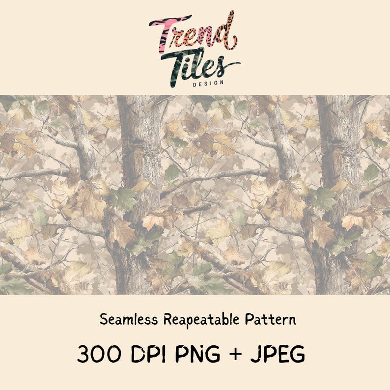 May include: A seamless repeatable pattern featuring a camouflage design with tree trunks and leaves in shades of brown, green, and tan. The image includes the text "Trend Tiles Design" and "Seamless Repeatable Pattern".