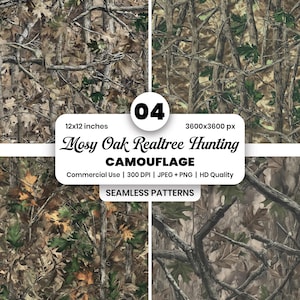 May include: A digital graphic featuring four distinct seamless camouflage patterns with tree branches and autumn leaves in shades of brown, tan, and green. The text reads 04, 12x12 inches, 3600x3600 px, Mosy Oak Realtree Hunting CAMOUFLAGE, Commercial Use, 300 DPI, JPEG + PNG, HD Quality, SEAMLESS PATTERNS.