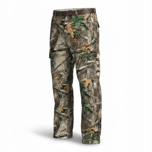 May include: Camouflage cargo pants with a brown leather belt. The pants feature a realistic forest pattern with shades of green, brown, and tan, designed to blend with natural environments. The pants have multiple pockets and a classic fit.