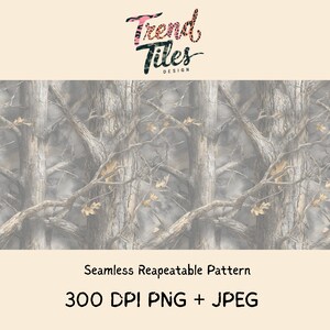 May include: Seamless repeatable pattern featuring a camouflage design with tree branches and leaves in shades of gray, brown, and beige. The text "Trend Tiles Design" is at the top, and "Seamless Repeatable Pattern" and "300 DPI PNG + JPEG" are at the bottom.