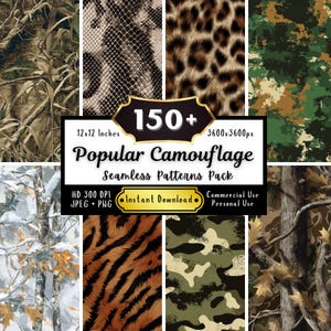 Puede incluir: Un paquete de arte digital que muestra varios patrones de camuflaje, incluyendo estampados de animales y diseños militares tradicionales. La imagen incluye el texto "150+ Popular Camouflage Seamless Patterns Pack" y dimensiones de 30.48 x 30.48 cm y 3600x3600px.