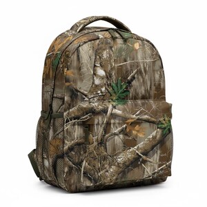 May include: A camouflage backpack with a top handle and mesh side pocket. The backpack features a realistic forest pattern in shades of brown, green, and tan, designed to blend with natural environments. The bag is designed for outdoor activities.