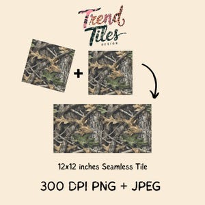 Puede incluir: Dise&ntilde;o de azulejo sin costuras con un patr&oacute;n de camuflaje en tonos marr&oacute;n, verde y beige. La imagen incluye tres azulejos, con el texto "Trend Tiles Design" en la parte superior. El texto inferior dice "12x12 inches Seamless Tile" y "300 DPI PNG + JPEG".