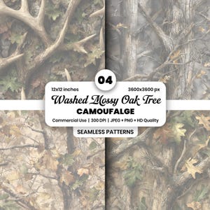May include: Four panels showcasing a seamless camouflage pattern. The design features a "Washed Mossy Oak Tree" theme with a blend of brown, green, and tan hues, mimicking a forest environment. The image includes text indicating the pattern is 12x12 inches and 3600x3600 px.