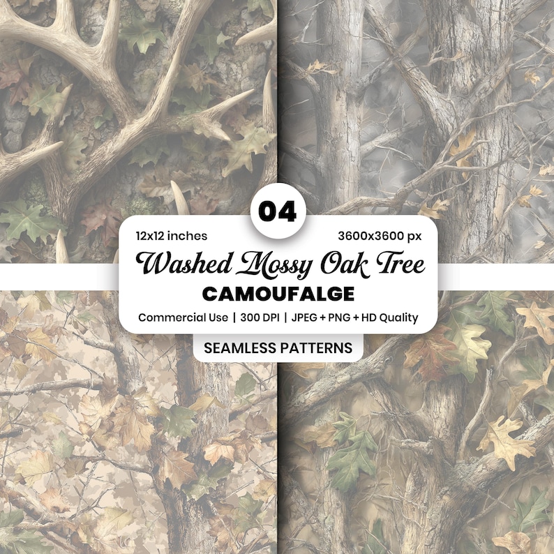 May include: Four panels showcasing a seamless camouflage pattern. The design features a "Washed Mossy Oak Tree" theme with a blend of brown, green, and tan hues, mimicking a forest environment. The image includes text indicating the pattern is 12x12 inches and 3600x3600 px.