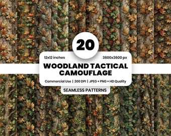 Woodland Tactical Camouflage Seamless Patterns, Hunting Design, Real Tree Camo, Tactical Gear, Digital Download, Sublimation PNG