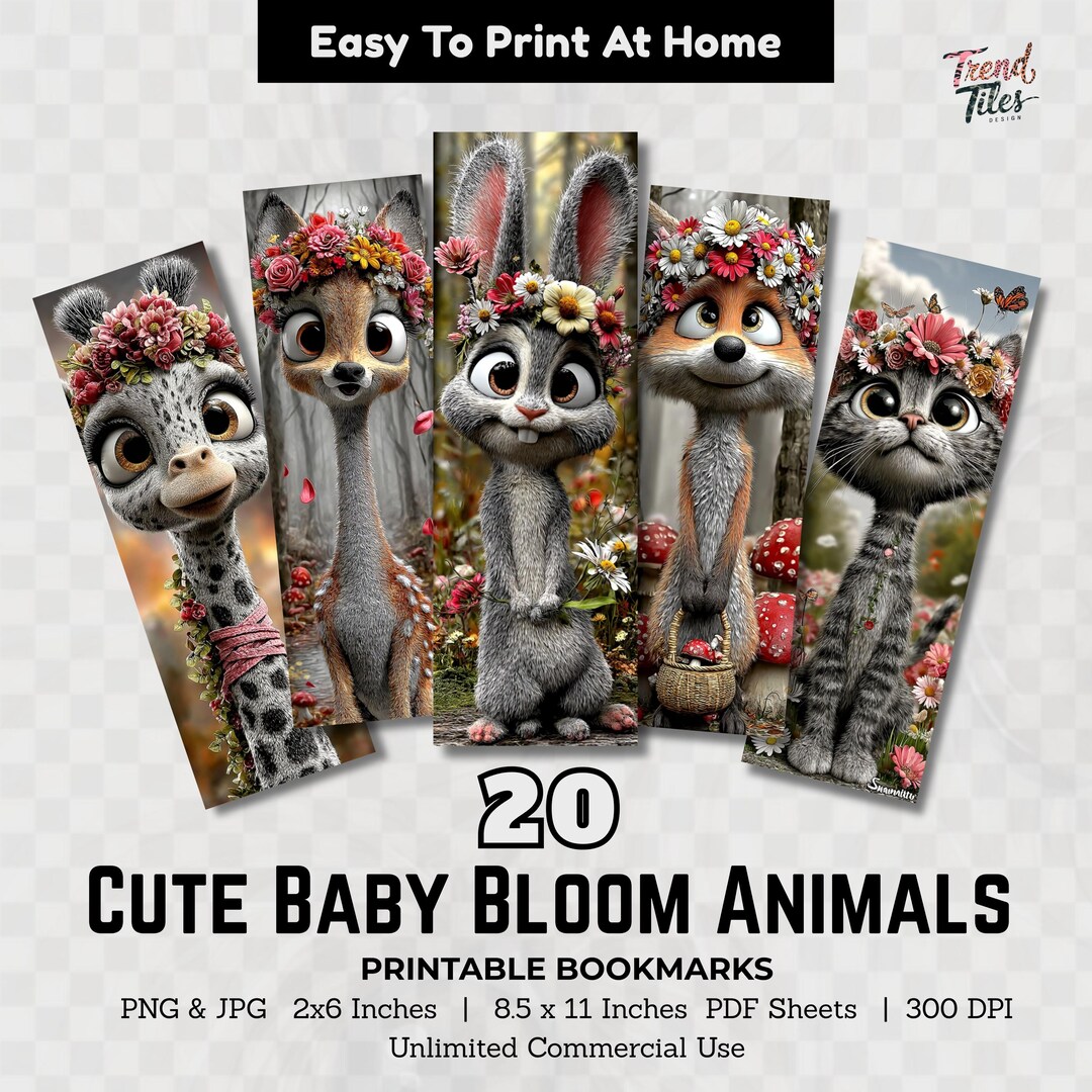 Cute Baby Bloom Animal Printable Bookmarks Kids Kawaii Floral Animal ...
