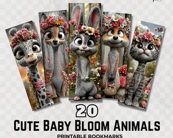 Cute Baby Bloom Animal Printable Bookmarks Kids Kawaii Floral Animal Bookmark Set PNG JPG PDF Instant Download