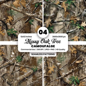 May include: A seamless pattern design featuring a Mossy Oak Tree camouflage pattern. The design includes branches, leaves, and a mix of brown, green, and tan colors. The image is 12x12 inches and has a resolution of 3600x3600 px.