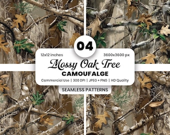 Mossy Oak Tree Camouflage Seamless Patterns | Woodland Hunting Digital Paper (PNG + JPG)