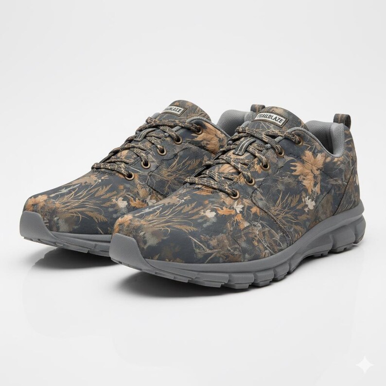 May include: A pair of Trailblaze athletic shoes with a camouflage pattern in shades of gray, brown, and tan. The shoes have gray soles and laces, and the brand name is visible on the tongue.