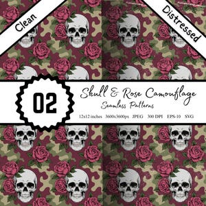 Puede incluir: Patrones sin costuras con calaveras y rosas sobre un fondo de camuflaje. El diseño incluye versiones limpias y desgastadas. Los patrones son de 12x12 pulgadas, 3600x3600px y están disponibles en formatos JPEG, EPS-10 y SVG.