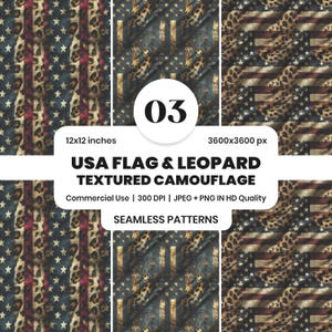 May include: A digital design featuring a seamless pattern with a textured camouflage effect. The design combines the American flag with leopard print. The image includes the text "USA FLAG & LEOPARD TEXTURED CAMOUFLAGE" and dimensions of 12x12 inches.